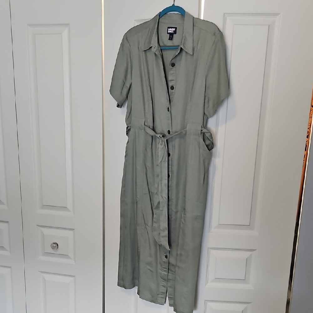 Lands End Sage Green Button-Front Maxi Shirt Dress